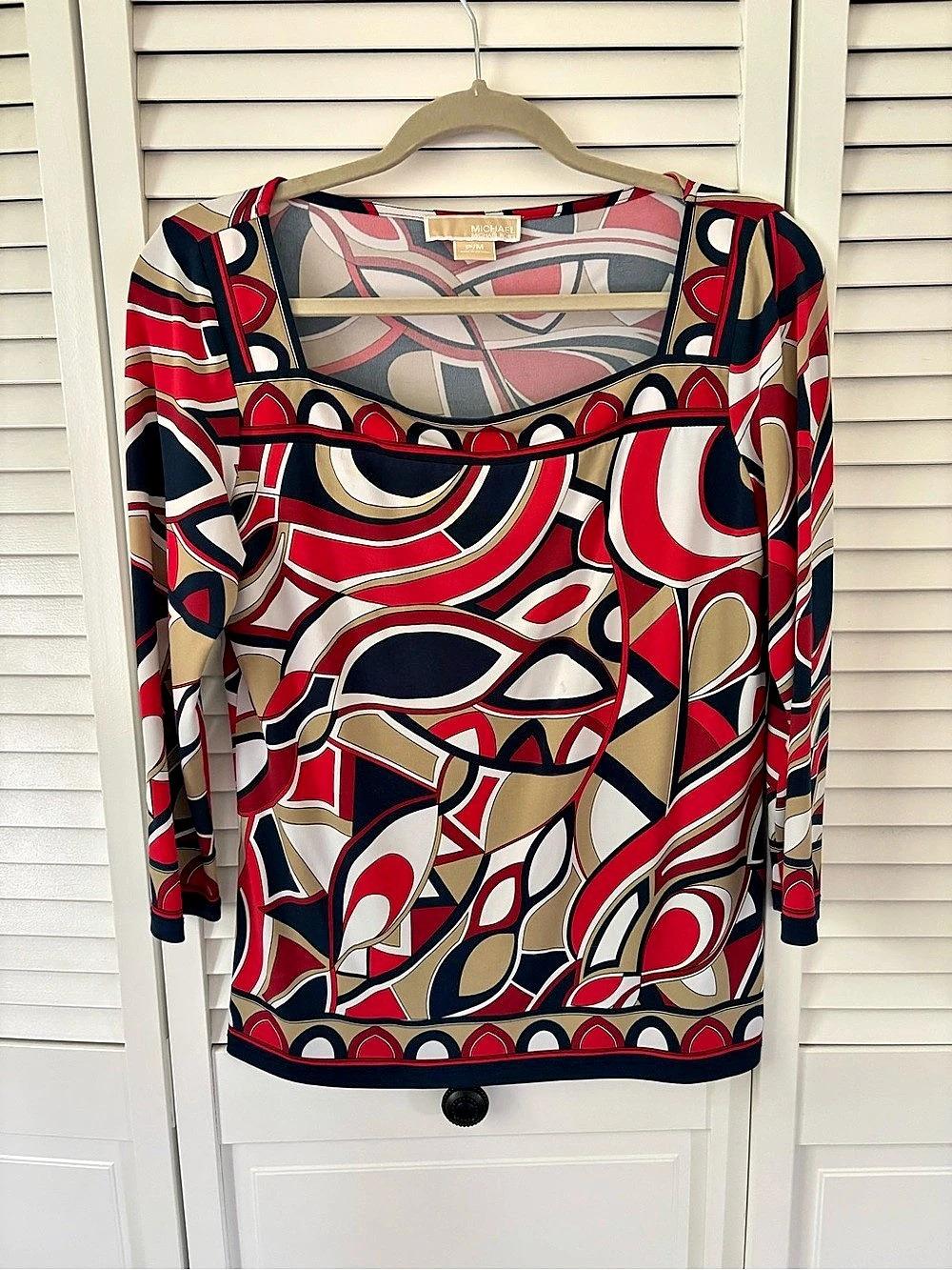 Michael Kors Geometric Long Sleeve Blouse in Red & Blue Size PM